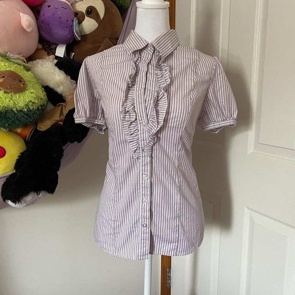 FASHION BUG PURPLE STRIPED RUFFLE BUTTON-UP BLOUSE